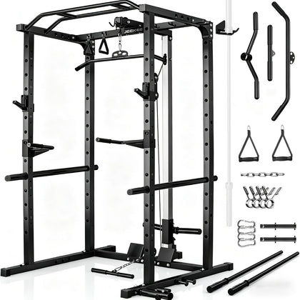 Power Rack with LAT Pulldown, 2000LBS Power Cage with Cable System, Multi-Function Squat Rack with J-Hooks, Safety