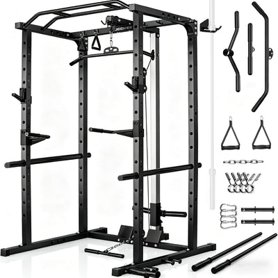 Power Rack with LAT Pulldown, 2000LBS Power Cage with Cable System, Multi-Function Squat Rack with J-Hooks, Safety