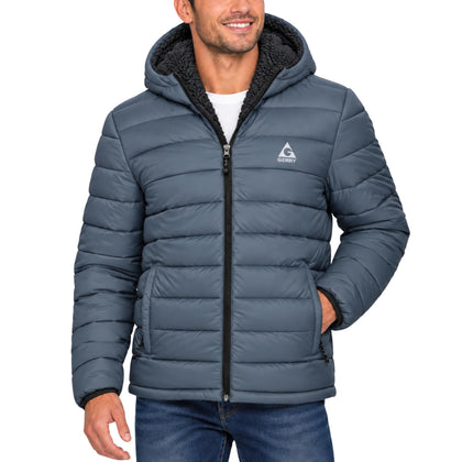Mens Puffer Coat - Heavyweight Sherpa Lined Winter Jacket with Hood