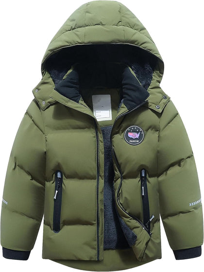 Kids Boy's Winter Coat | Fleece Lined Waterproof Jacket Puffy Cotton Coat Thick Hooded Down Outdoor Coats