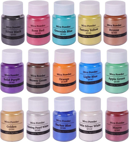 15 Bottles Mica Powder Set, Epoxy Resin Dye, Pearlescent Color Pigment, Cosmetic Grade Pigment for DIY Arts, Slime