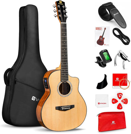 Electric Acoustic Guitar 3/4 Size - 36 Inch Acoustic Electric Guitar Cutaway Acustica Guitarra Bundle for Beginners