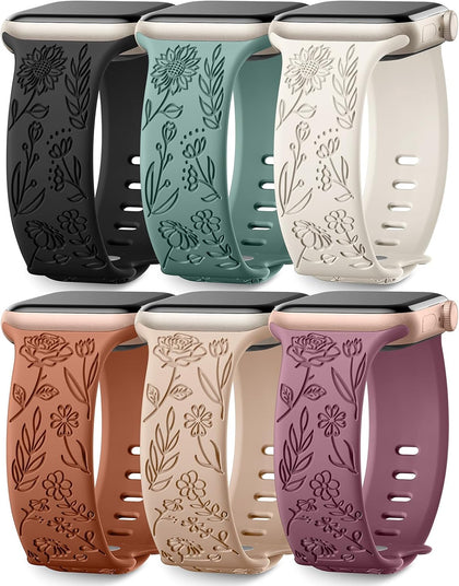 6 Pack Floral Engraved Bands Compatible with Apple Watch Bands 40mm 41mm 42mm 38mm 44mm 45mm 46mm 49mm Women Men
