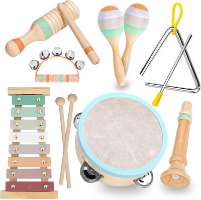 Kids Musical Instruments Set, Neutral Colors Wooden Montessori Toys | Percussion Instruments Set with Modern Boho