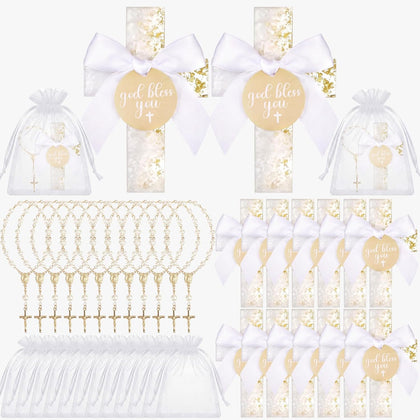 36 Pcs Baptism Favors Set, 12 Resin Cross Fridge Magnets with Bow Tied Cards, 12 Acrylic Baptism Rosary Beads with