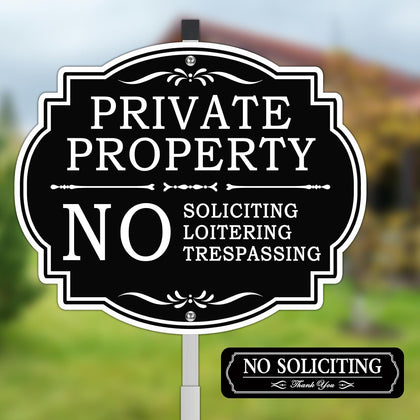 No Soliciting Sign for House with Metal Stake, 12" x 28" Private Property No Trespassing No Loitering Sign for Yard