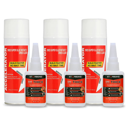 Thick CA Glue (3X 2 oz) with Accelerator (3X 6 oz) - Super Craft Glue for Wood, Plastic, Metal, Leather, Ceramic