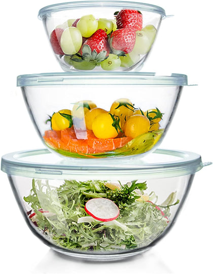 Glass Mixing Bowls Glass Bowls with Lids Set(4.5QT,2.7QT, 1.1QT),Large Salad Bowls,glass mixing bowl Space-Saving