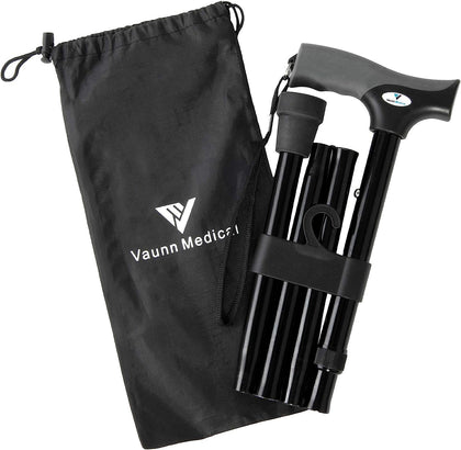 FSA/HSA Eligible, Vaunn Medical Easy Grip Height Adjustable Folding Cane/Walking Stick with Strap/Pouch- Compact