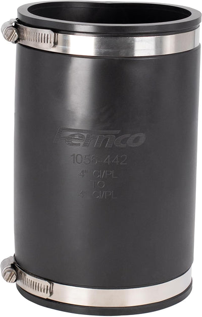 Fernco XL 1056-442 4-Inch Flexible Pipe Coupling – Extra-Long 7.75” DWV Connector with Stainless Steel Clamps – Fits Cast Iron, PVC, Plastic, Steel & Lead Pipes