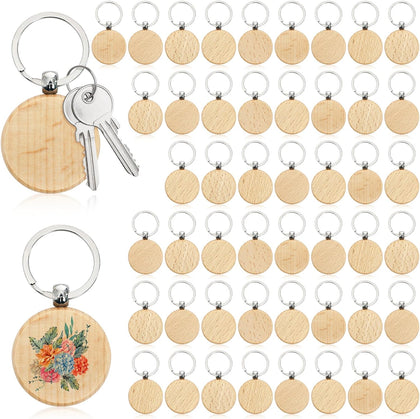 50 Pieces Wood Keychain Blanks, Round | Unfinished Wood Key Chain Crafts with Rings, Laser Engraving Blanks Key Tag