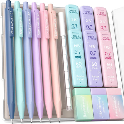 Cute Mechanical Pencil Set, 0.7mm Medium Point, 6-Count Pack | 360 HB/2B Leads, 3 Erasers, 9 Eraser Refills, Storage