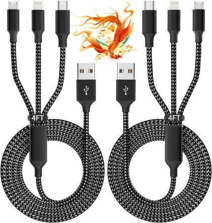 Multi Charging Cable(2Pack 4FT), 3 in 1 USB Charging Cable for Multiple Devices, Braided Universal Phone Charger Cord