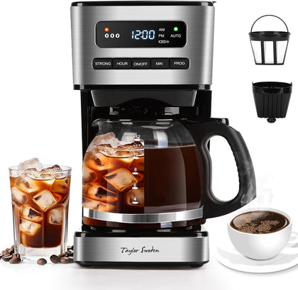 Programmable Coffee Makers 12 Cup, Black &Stainless Steel | Hot and Iced Coffee Maker, 4 Brew Strength, LED Display