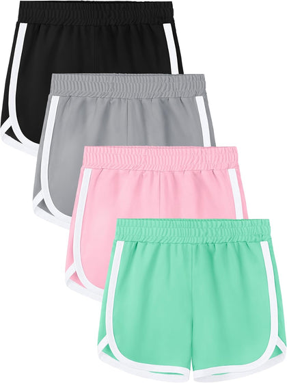 4 Packs Girls Athletic Shorts Toddler Soccer Running Active Dolphin Dry-Fit Kids Gym Workout Performance Shorts