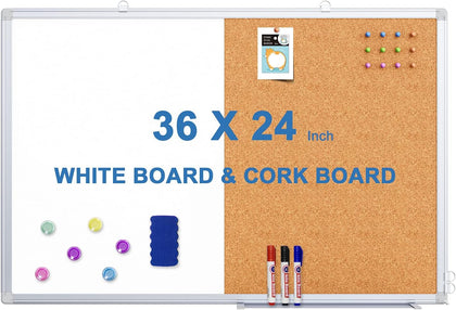 Magnetic White Board and Cork Board Combo, 36 X 24 inches Whiteboard Bulletin Combination Board, Wall Mounted Dry