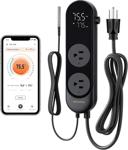 Bluetooth Digital Temperature Controller 1200W Heating Cooling 2-Stage Outlet Thermostat Controller Plug for Reptiles