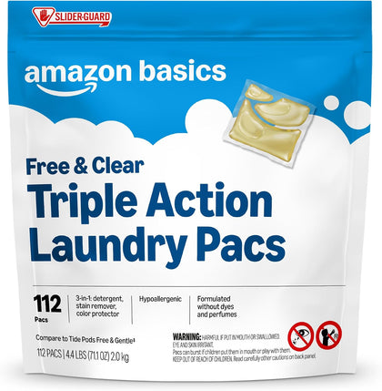 Laundry Detergent Pacs, Free & Clear, Powerful Triple Action, Hypoallergenic, Unscented, 112 Count