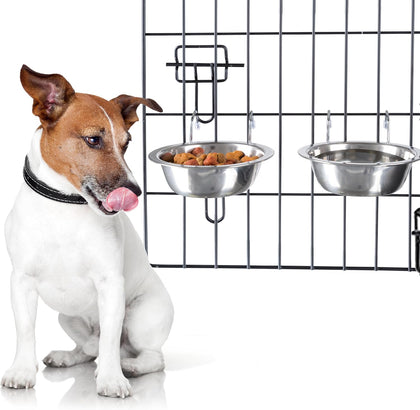 Set of 2 Stainless-Steel Dog Bowls - Cage, Kennel, and Crate Hanging Pet Bowls for Food and Water - 8oz Each and