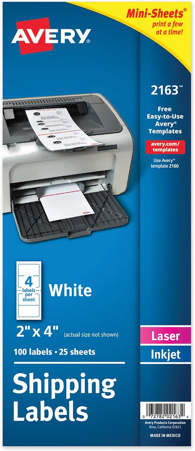 Printable Mini-Sheets Shipping Labels, 2" x 4", White, Permanent Adhesive, Laser/Inkjet Compatible, 100 Blank