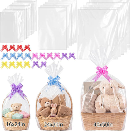 3 Size Clear Cellophane Gift Bags 40x50 24x30 16x24in with Pull Bows
