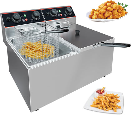 8 L(8.5QT) Commercial Double Electric Deep Fryer with 2 Baskets, 3000W Stainless Steel Deep Fryer for Home Use