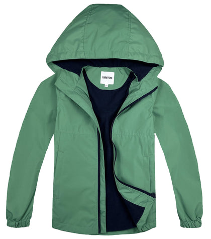 Boys Rain Jackets Lightweight Waterproof Hooded fleece Raincoats Windbreakers for Kids(8-9Y,Green Solid)