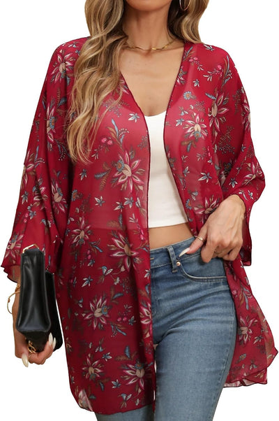 Women's 3/4 Sleeves Kimono Cardigan, Floral Print Loose Cover Up