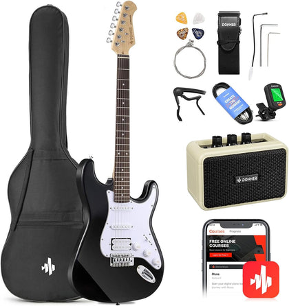 DST-100B 39 Inch Electric Guitar Beginner Kit | Solid Body Full Size Black HSS for Starter, with Amplifier, Bag