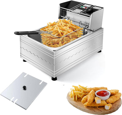 1600W 6 Liters Large Electric Deep Fryer with 1 Frying Baskets, Electric Fryer for Home and Commercial Use
