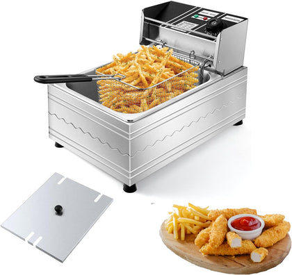 1600W 6 Liters Large Electric Deep Fryer with 1 Frying Baskets, Electric Fryer for Home and Commercial Use