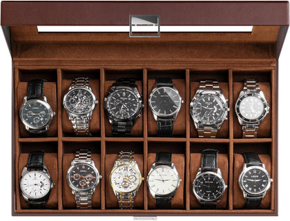 Watch Box Organizer, 12 Slot Watch Display Case, Brown | Watches Storage Boxes Holder for Men Women, Large Glass Lid