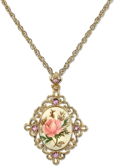 1928 Jewelry 14K Gold Dipped Ivory Color Floral Decal Pink Crystal Accent Pendant Necklace For Women 16" + 3" Extender