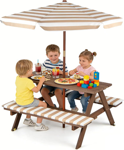 Kids Picnic Table, Fir Wood Toddler Outdoor Table & Bench Set w/Removable Cushions and Umbrella, Ground Stakes