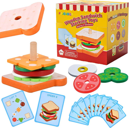 Wooden Sandwich Stacking Toys, Montessori Toys for Toddlers Kitchen Play Food Educational Preschool Learning Toys