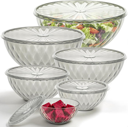 Plastic Mixing Bowls with Lids - 6 Piece Nesting Bowls Set with One-Press Easy-Cover Lids, Large Salad Bowl for