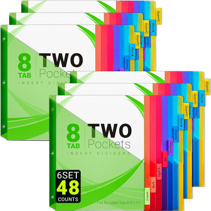 8-Tab Dividers for 3-Ring Binders, 48 Counts 3 Holes Index Dividers with 2 Pockets, Insertable 8 Tabs Binder Divider
