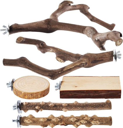 6-Piece Bird Perch Set - Natural Wood Grape Sticks, Paw Grinding Forks, Bird Stand & Toys for Parakeets, Cockatiels