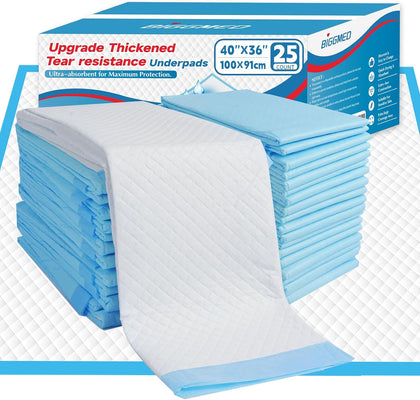 Tear-Resistant Incontinence Bed Pads 40'' x 36'' 130 Gram Heavy Duty (25 Count) Disposable Underpads Chucks Pads for