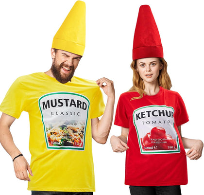 Halloween Yellow Mustard Red Ketchup Costume Matching Group T-shirt and Hat Halloween Couple Costume