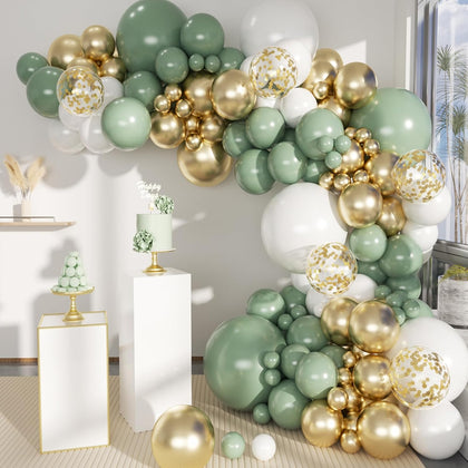Sage Green White Gold Balloon Garland Arch Kit, 146Pcs Latex Balloons Different Sizes 18 12 10 5 Inch for Birthday