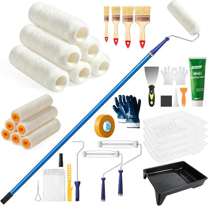 Paint Roller Kit with Long Paint Roller Extension Pole, 37 PCS Wall Painting Supplies with Paint Brushes for Walls