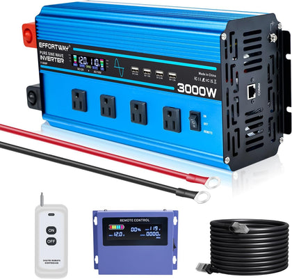 3000w Pure sine Wave Inverter DC 12V to AC 110V/120V Converter, 6000w (Peak) with LCD Display, Wireless/Wired Remote