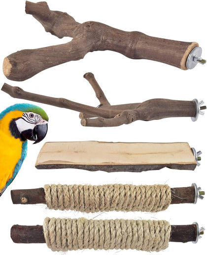 5PCS Large Bird Perch Stand, Natural Wood Pole Standing Paw Grinding Fork Parrot Cage Branch with Rope for Macaw