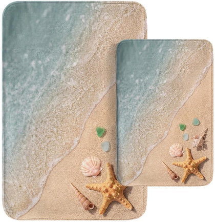 Beach Starfish Sea Shell Ocean Bathroom Rug Mat Set of 2, Washable Cover Floor Rug Carpets Floor Bath Mat Bathroom