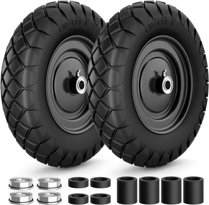 4.80/4.00-8 Flat Free Wheelbarrow Tire and Wheel, 16" Black 2-Pack | Solid Puncture Proof Replacement Tires with 5/8"