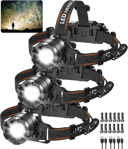 3Pack Ultra Bright LED Headlamp Rechargeable, Head lamp for Adults