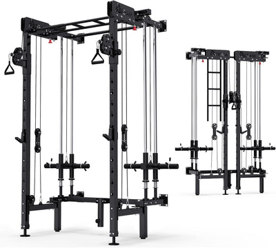 Folding Squat Rack, Wall Mounted Power Rack with Dual Pulley System | Space Saving, All-in-one Trainer, with Cable