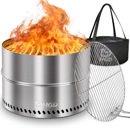 19.6 Inch Smokeless Firepit with Grill, Portable Wood Burning Fire Pit for Camping & Backyard, Stainless Steel