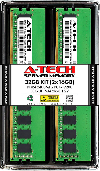 A-Tech Server 32GB Kit (2x16GB) DDR4 2400MHz PC4-19200 ECC UDIMM 2Rx8 Dual Rank 1.2V ECC Unbuffered DIMM 288-Pin Server & Workstation RAM Memory Upgrade Modules (A-Tech Enterprise Series)